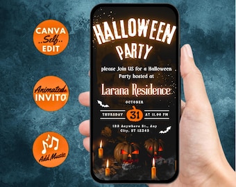 May include: A smartphone displays a Halloween party invitation. The invitation features the text "HALLOWEEN PARTY" in a glowing orange font, along with event details. The design includes pumpkins, bats, and candles, creating a spooky atmosphere.