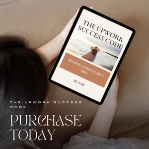 May include: A tablet displaying "The Upwork Success Code" with the subtitle "Winning Clients Like a Pro" by FSK. The image features a beach scene. Below the tablet, the text reads "Purchase Today."