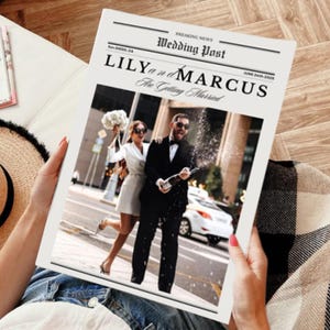 May include: A wedding-themed newspaper print featuring a photo of a couple celebrating. The headline reads "Wedding Post" with the names "LILY and MARCUS" and the date "June 24th 2025". The couple is dressed in wedding attire, with the groom popping champagne.