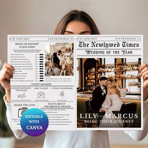 May include: A newspaper-style wedding announcement titled "The Newlywed Times" with photos of the couple, Lily and Marcus. The announcement includes wedding details, guest awards, and editable Canva text.