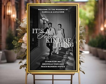 Elegante plantilla de cartel de bienvenida con foto de boda editable en Canva, invitación de lujo con dinero antiguo vintage, póster de recepción imprimible
