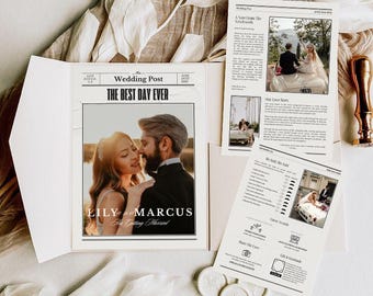 Custom Wedding Newspaper Program Template: Photo Itinerary (Canva Editable, Printable Digital Download)