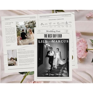 Modello di giornale di nozze modificabile con foto, itinerario di nozze stampabile, programma della cerimonia Canva, orari degli sposi