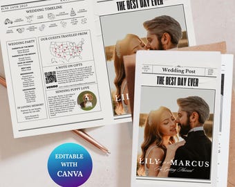 Editable Wedding Newspaper Program Template: Canva Printable (Digital Download)
