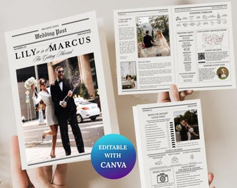 Giornale di nozze pieghevole modificabile con foto, modello stampabile, itinerario di nozze, programma della cerimonia, momenti per gli sposi