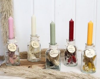 Trockenblumen | Trockenblumen im Glas | Kerzenglas mit Trockenblumen | personalisiertes Geschenk | mit gravierter Holzscheibe