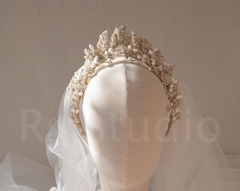 Couture Bead Embroidery Bridal Crown, Hand Beaded Laurel Tiara with Shell Pearls, Luxury Wedding Headpiece