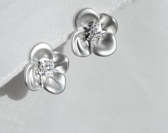 French Vintage 3D Flower Earrings, Matte Silver CZ Cluster Studs or Clip-On, White Gold Plated Bridal Earrings, No Piercing Option
