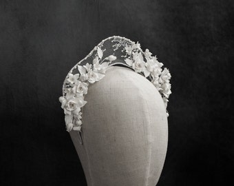 Bridal Tiara, Wedding Crown, Handmade Silk Flower & Shell Pearl Headpiece, Vintage Style Lace Bridal Crown, Custom Size Made to Order