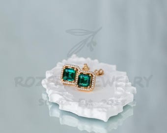 Lab Grown Emerald Stud Earrings, 10K Gold Plated Sterling Silver, Emerald Cut Green Halo Studs, May Birthstone Gift, Bridesmaid Earrings