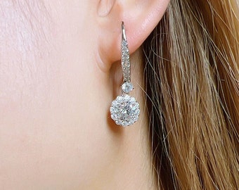 Diamond drop earrings, 0.8 CT brilliant round cut diamond. 925 silver plated 18k white gold claw set. Gift for her.