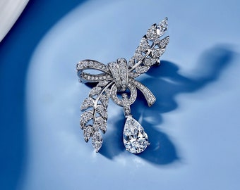 Elegante spilla e collana con diamanti a forma di grano - zircone naturale da 2,2 ct, placcato in oro bianco 18 carati S925, design versatile