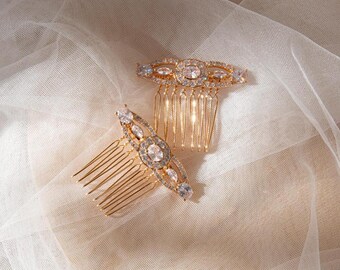 Gold Bridal Hair Combs Set of 2, Cubic Zirconia Wedding Headpiece, Vintage Style Hair Accessory for Updo
