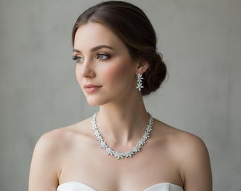 Bridal Jewelry Set, Floral Cubic Zirconia Necklace and Drop Earrings, Silver Wedding Jewelry for Bride, Matches Our Tiaras