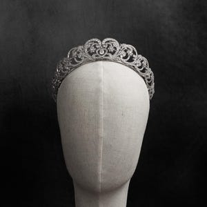 Heart Scroll Bridal Tiara, Pavé Cubic Zirconia Floral Wedding Crown, White Gold Plated Royal Headpiece, Statement Tiara