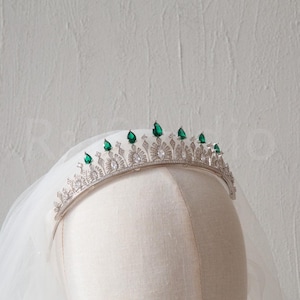 Vintage Emerald & Zircon Bridal Tiara: 24K White Gold Plated, Adjustable