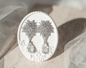 Bridal Earrings, Wedding Earrings, Teardrop Crystal Drop Earrings, 925 Silver Post Cubic Zirconia Leaf Dangle, Bridesmaid Gift