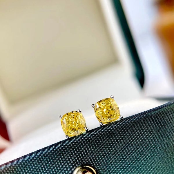 gelber Diamant 1CT Kissenschliff Ohrstecker, s925 versilbert 18k Weißgold, Geschenk für Sie