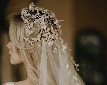 Ivory and Blush Flower Crown Bridal Veil Set, Handmade Fabric Flower Wedding Headpiece, Vintage Bridal Hair Crown with Sheer Veil