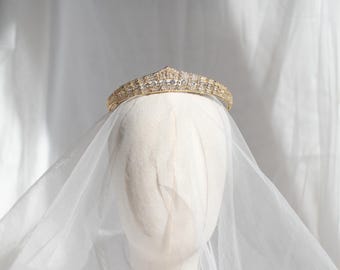 Art Deco Gold Bridal Tiara, Cubic Zirconia Headband, 1920s Gatsby Wedding Headpiece