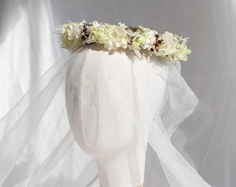 Preserved Flower Crown, Real Flower Bridal Halo, Handmade Hydrangea and Baby's Breath Wedding Headpiece with Ribbon Ties