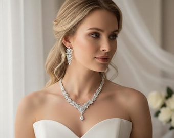 Statement Bridal Jewelry Set, Cubic Zirconia Necklace and Earrings,Marquise Cluster Wedding Necklace Set, Silver