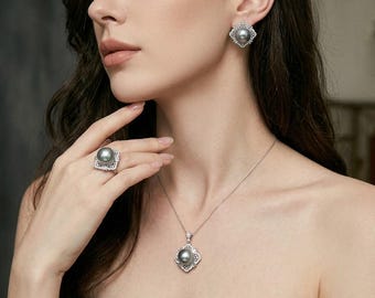 Bridal Pearl Flower Jewelry Set, White Gold Plated CZ Necklace Earrings Ring, Shell Pearl Wedding Statement Set, Sold Separately or as Set