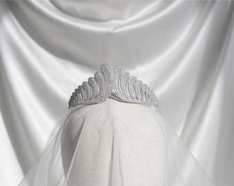 Feather Bridal Tiara, Angel Wing Cubic Zirconia Wedding Crown, Silver Plume Bridal Headpiece, Pave Crystal