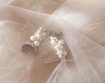 Butterfly Bridal Hair Combs Set of 2, Shell Pearl and Cubic Zirconia Wedding Headpiece, Silver Tone Bridal Hair Accessory