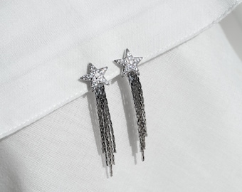 Shooting Star Earrings, Pavé Cubic Zirconia Star Tassel Drops, Silver Celestial Bridal Earrings, Clip On or Stud