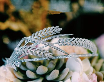 High quality wheat ear bridal crown, diamond wedding tiara, Bridal headpiece nature zircon, Plated 24k white gold. wedding gift