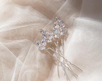 Bridal Hair Pins Set of 3, Hand Wired Marquise Cubic Zirconia Leaf Hair Pins, Silver or Gold Wedding Hairpins