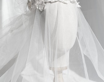 Hand-Embroidered Lace Crown Veil: Shell Pearls, Butterflies, Tulle (Custom Length)