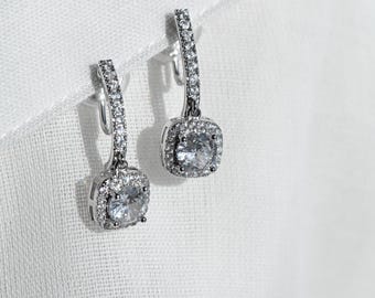 Cushion Halo Clip On Earrings, Pavé Bar Cubic Zirconia Bridal Drops, White Gold Plated Wedding Earrings, No Piercing Needed