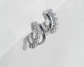 Bridal Earrings, Wedding Earrings, Double Hoop Pearl Huggies, Shell Pearl Silver Studs or Clip-On, No Piercing Option, Bridesmaid Gift