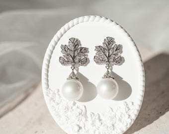 Gold Leaf Drop Earrings, Shell Pearl and Cubic Zirconia Bridal Dangle, Sterling Silver Posts for Wedding