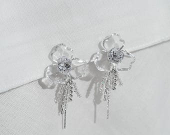 Clear Flower Bridal Earrings, Acrylic Petal Cascade Tassel Drop, Silver Tone Wedding Jewelry, Clip On or Pierced