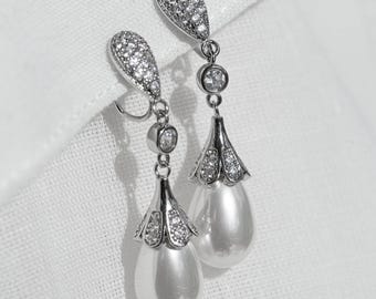 Shell Pearl Drop Earrings: Cubic Zirconia, Sterling Silver Post or Clip-On
