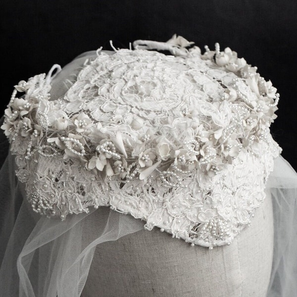 Grace Kelly Inspired Juliet Cap | Handcrafted with Vintage French Lace | Natural Pearl Embellishments