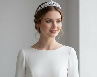 Tiara de boda, corona nupcial, tocado, corona nupcial de cristal chapada en oro blanco de 24 quilates, elegante accesorio para el cabello de boda para novia.