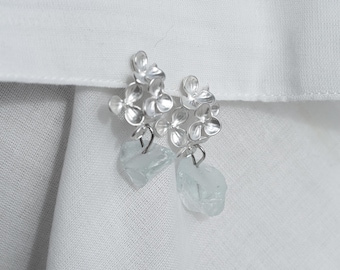 Hydrangea Something Blue Earrings, Raw Crystal Bridal Drops, Matte Silver Flower Earrings, Clip On or Stud, Handmade