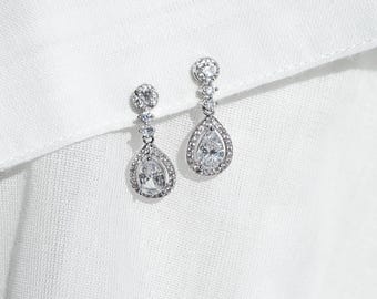 Teardrop Halo Clip On Earrings, Pear Cut Cubic Zirconia Bridal Drops, White Gold Plated Wedding Earrings, No Piercing Needed