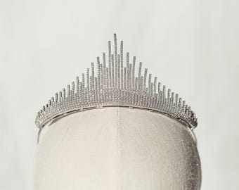 Bridal Tiara, Wedding Crown, Cubic Zirconia Vertical Bar Headpiece, White Gold Plated Silver Bridal Tiara, Pageant Prom Crown
