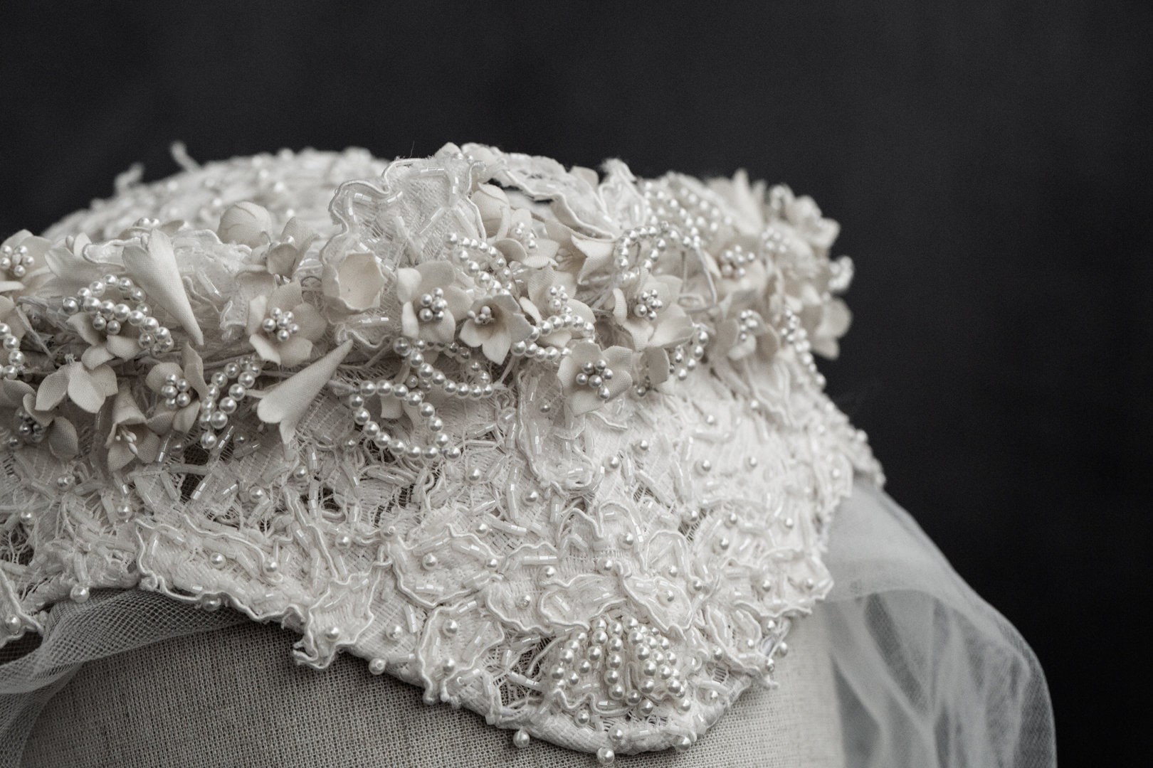 Vintage Veil Lace Headpiece Half Hat Pearls Wedding Embroidery Grace Kelly The 8 Most Magnificent Royal Bridal Veils in History: From  main image 3