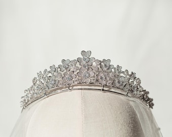 Floral Bridal Tiara, Cubic Zirconia Wedding Crown, Romantic Flower Bride Headpiece