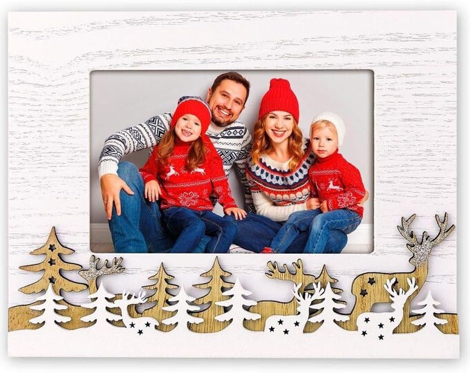 Christmas picture frame forest landscape motif in 3D white with brown-white 3D motif on the frame for a photo approx. 10 x 15 cm