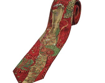 Tie Gustav Klimt water snakes red for fashion-conscious and art lovers 100% silk handmade