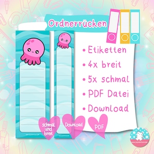 Ordnerrücken - Etiketten - kawaii Oktopus  - PDF A4 Download - für breite & schmale Ordner