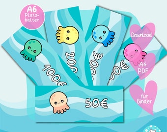 Platzhalter Oktopus - 50 100 200 500 1000 Euro - PDF A4 Download - passend für A6 Zippertaschen - Umschlagmethode