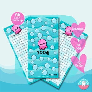10 Euro Challenge Oktopus - Sparchallenge und Tracker - Geld sparen - PDF A4  - Umschlagmethode